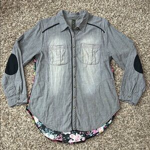 Aratta Silent Journey Distress Detail Button Front Floral Velvet Back Sz M